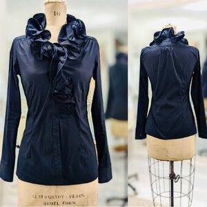 Walter Voulaz Navy Ruffled Collar Long-Sleeve Women's Top